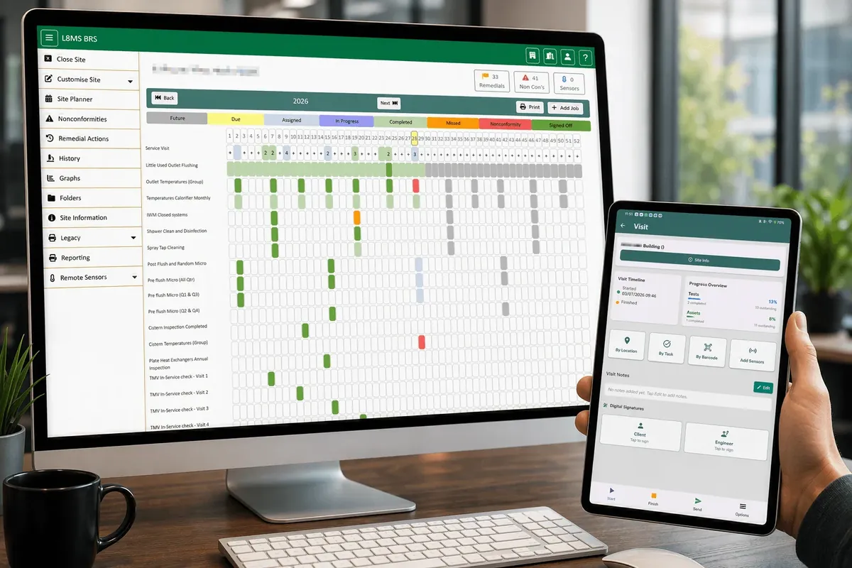 L8MS on a desktop showing the 52-week water hygiene schedule, alongside the mobile app on a tablet during a site visit