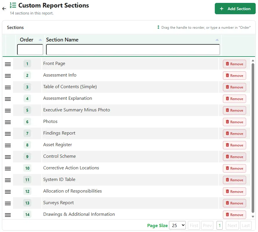 Custom report section builder used to control the layout and content of the generated PDF report